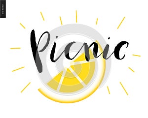 Picnic calligraphic lettering and a slice of lemon