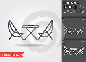 Picnic, camping table and folding chairs simple icon vector. Linear symbol of camping with shadow