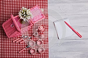 Picnic card with table setting and snowdrops, silverware, red white checked napkin