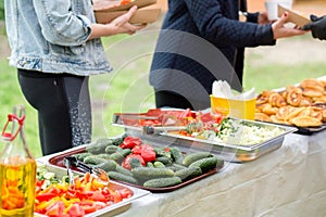 Picnic catering buffet food table, vegetarian dishes