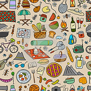 Picnic day. Seamless pattern for your design. Outdoor relax elements - Basket, drinks, food, game, sport. Vector