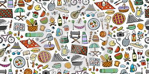 Picnic day. Seamless pattern for your design. Outdoor relax elements - Basket, drinks, food, game, sport. Vector