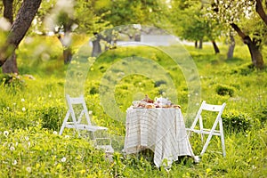 picnic with decorated table with croissants, fruits and drinks in beautiful blossom spring green park, romantic date