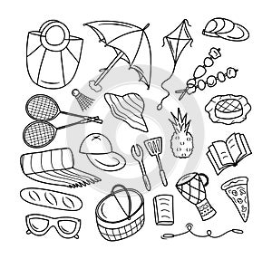 Picnic doodle set. Hand drawn summer elements, basket, umbrella, fruit, barbecue, badminton in sketch style