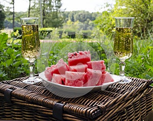 A picnic with a drink and fruit in the park on a sunny summer day