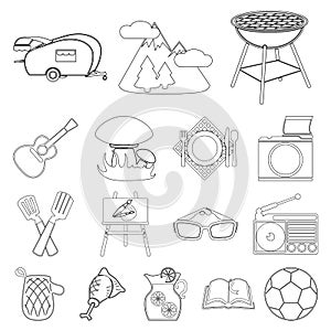 Picnic and equipment outline icons in set collection for design. Picnic in the nature vector symbol stock web
