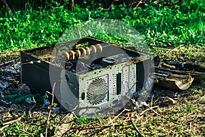 A picnic with a fire and a grill mooshrooms in the old computer case