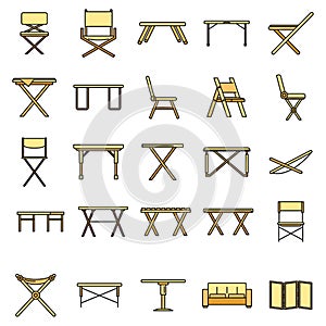 Picnic folding furniture icons set vector color line