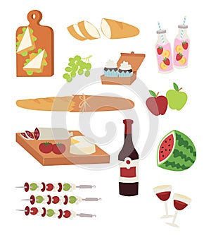 Picnic food assortment set. Wine, fruits, cheese plate, baguette, skewers. Vector illustration of summer outdoor eating