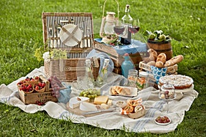 Picnic food set with beverages on green grass