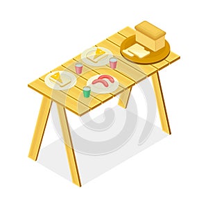 Picnic Foodstuff Rested on Plates on Wooden Table Isometric Vector Illustration