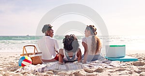 Picnic, friends or back of people at beach on holiday vacation in summer at sea in Miami, USA. Reunion, conversation or