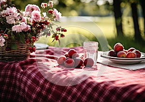 a picnic with fruits and flowers on red cloth table, AI Generated