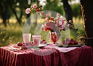 a picnic with fruits and flowers on red cloth table, AI Generated