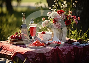 a picnic with fruits and flowers on red cloth table, AI Generated