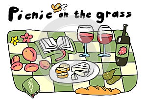 Picnic on the grass. Outdoor nature. Hand drawn sketch. Romantic dinner. Vector cartoon illustration.