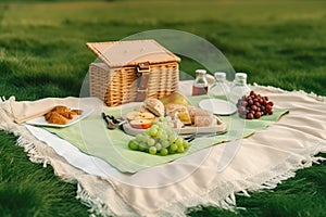 Picnic on the grass. Picnic basket with grapes, wine, cheese, crackers and bread on a green background. Picnic fabric sheet on a
