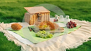 Picnic on the grass. Picnic basket with grapes, wine, cheese, crackers and bread on a green background. Picnic fabric sheet on a