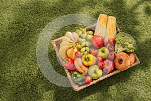 Picnic on the grass. Red checked tablecloth, basket, healthy food and fruit, orange juice. Top view. Summer Time Rest. Flat lay