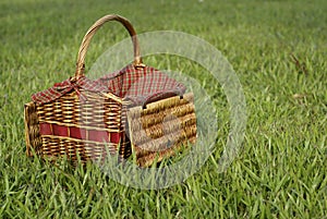 Picnic hamper in green grass