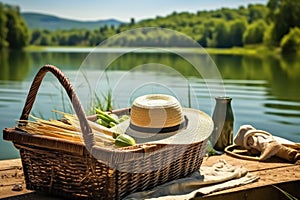 a picnic hamper next to a fishing cap and rod on a canoe