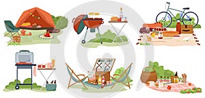 Picnic hand drawn flat mini-compositions set