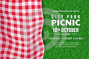 Picnic horizontal background. Vector poster or banner template with realistic red gingham plaid on green grass lawn