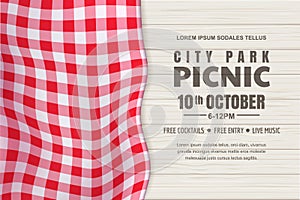 Picnic horizontal background. Vector poster, banner template with realistic red gingham tablecloth on white wooden table