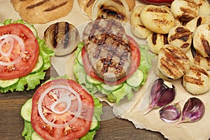 Picnic Lunch With Homemade BBQ Grilled Burgers, Top View