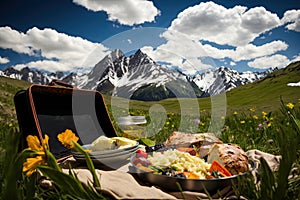 picnic lunch in lush alpine meadow with view of towering mountain peaks