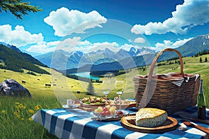 picnic on lush alpine meadow with rolling hills and blue sky