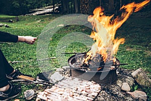 Picnic, meat on bonfire