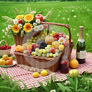 Picnic in nature. Basket with food, fruits and drinks in a clearing.