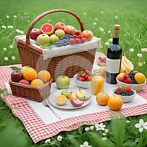 Picnic in nature. Basket with food, fruits and drinks in a clearing.