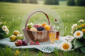 Picnic in nature. Basket with food, fruits and drinks in a clearing.