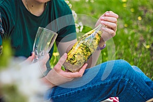 Picnic in nature, dandelion wine