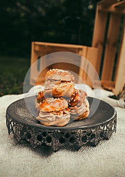 Picnic in nature - tasty Profiterole cakes with park on background. Delicious cakes on the grey plate in nature