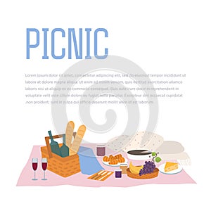 Picnic, outdoor relax vector illustration. food and basket in flat style. Background with place for text.