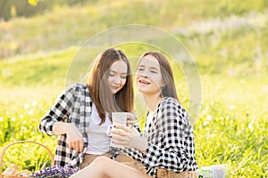 Picnic in the Park in summer on the grass. Two young girls having fun