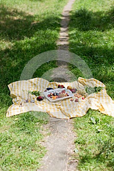 Picnic at the park trail road. Fresh fruits and tarts with berries and nuts