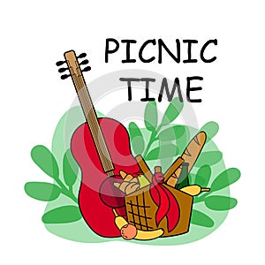 picnic party invitation card with food, fruits.