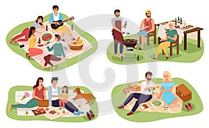 Picnic people. Happy groups young women and men have lunch on nature together, friends sitting in park, family outdoor