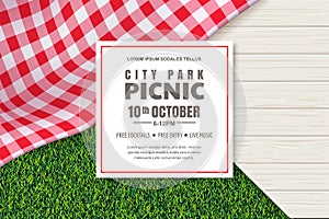 Picnic poster or banner design template. Vector background with realistic red gingham tablecloth, wooden table and grass