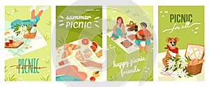 Picnic posters. People on blanket in park, basket with food and drinks, bbq and bread on grass, family weekend lunch on