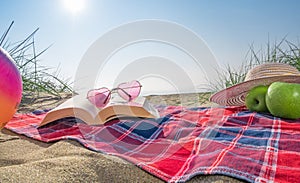 Picnic at sand beach on holiday in summer