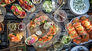 A picnic with a Scandinavian twist featuring openfaced smoked salmon sandwiches crispy herring and a variety of pickled