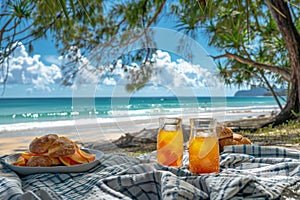 A picnic scene with food and glass of orange juice drink on picnic blanket at beach