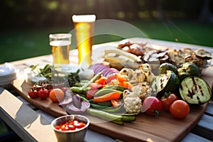 picnic scene with pilsner beer and array of grilled veggies