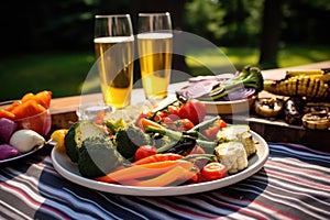 picnic scene with pilsner beer and array of grilled veggies