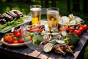 picnic scene with pilsner beer and array of grilled veggies